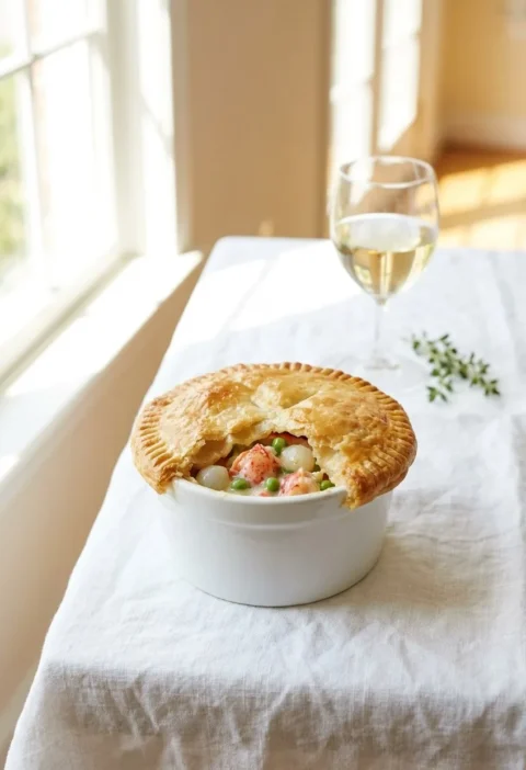 Ina Garten lobster potpie with golden double crust in a white baking dish with a glass of white wine beside it