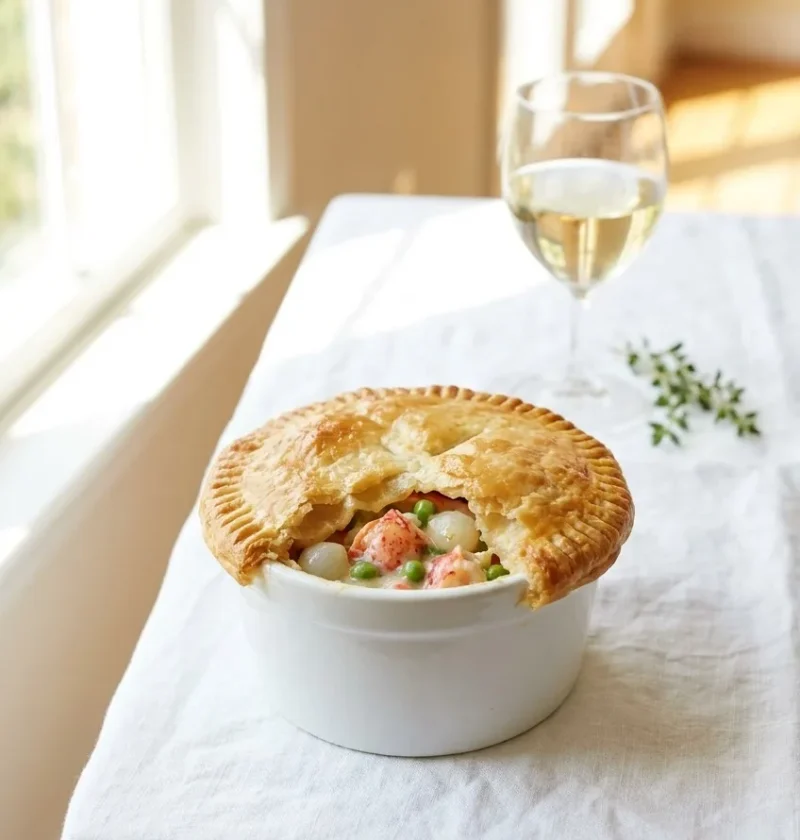 Ina Garten lobster potpie with golden double crust in a white baking dish with a glass of white wine beside it