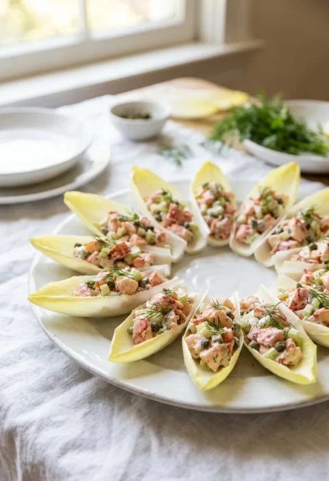 Ina Garten lobster salad in endive leaves topped with fresh dill arranged in a circle on a white platter