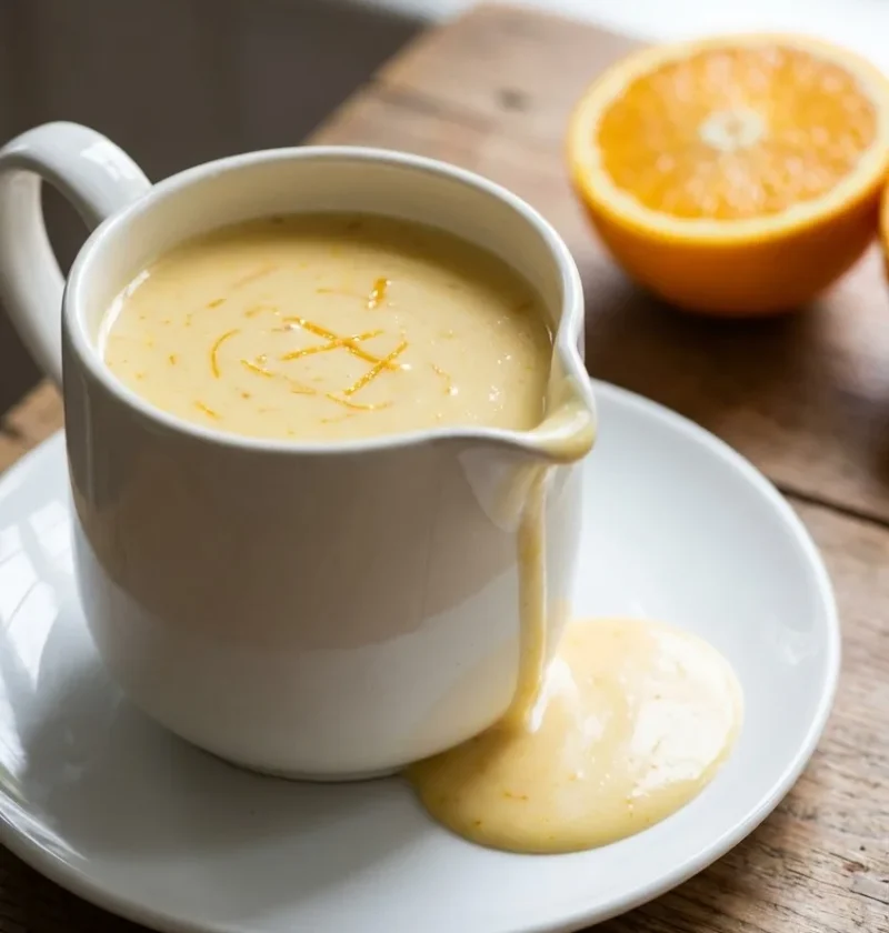 Ina Garten orange sauce in a white pitcher pouring onto a saucer beside a halved orange on a wooden table