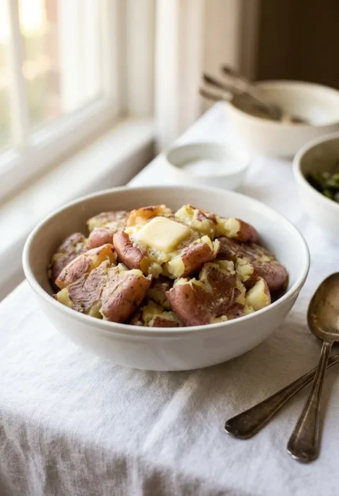 Ina Garten Parmesan smashed potatoes in a white bowl topped with a pat of melting butter, with unpeeled red potato skins visible