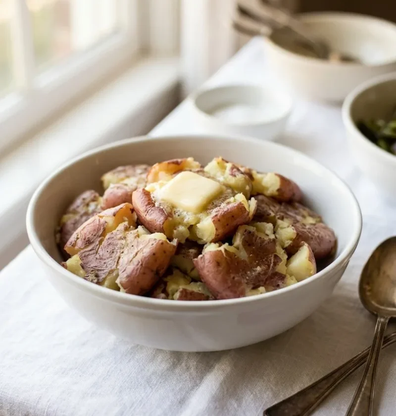 Ina Garten Parmesan smashed potatoes in a white bowl topped with a pat of melting butter, with unpeeled red potato skins visible