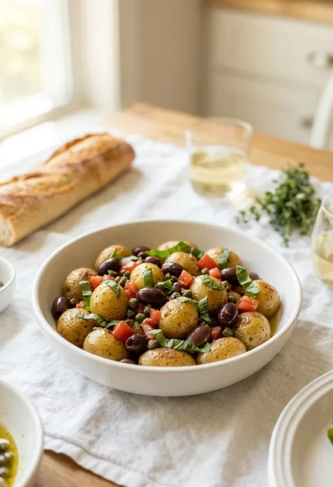 Ina Garten provençal potato salad with baby potatoes, black olives, diced tomatoes and fresh herbs in a white bowl beside a baguette