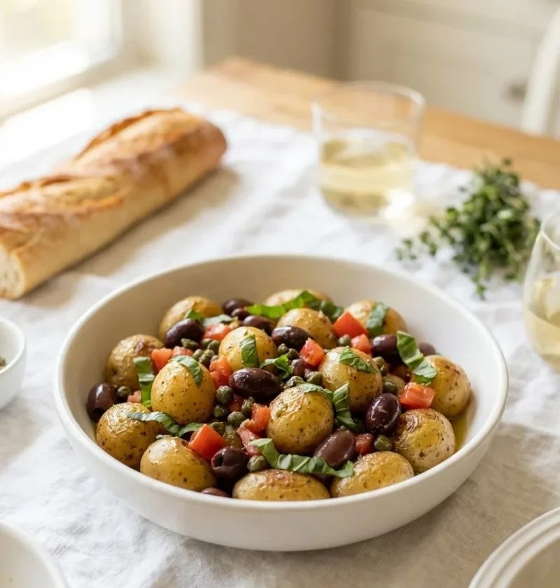 Ina Garten provençal potato salad with baby potatoes, black olives, diced tomatoes and fresh herbs in a white bowl beside a baguette