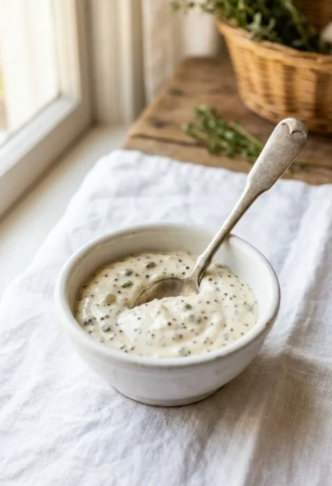Ina Garten rémoulade sauce in a small white bowl with a spoon, flecked with chopped pickles and mustard seeds