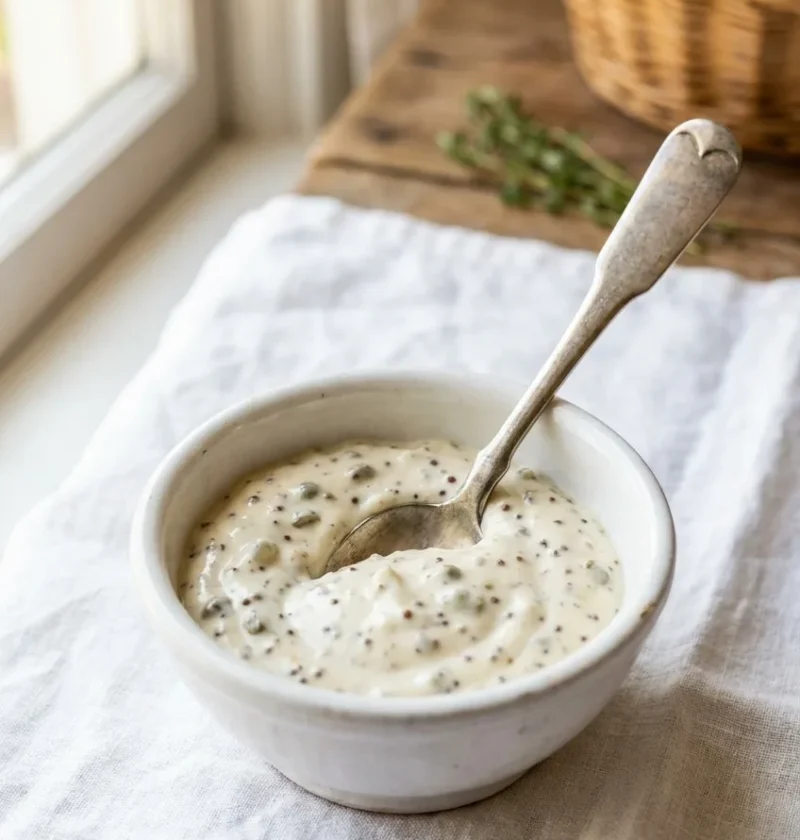 Ina Garten rémoulade sauce in a small white bowl with a spoon, flecked with chopped pickles and mustard seeds