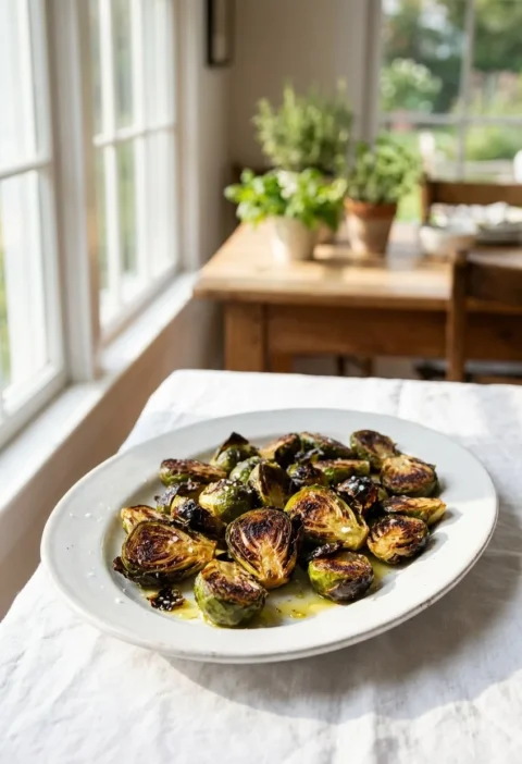 Ina Garten roasted Brussels sprouts, crisp and caramelized, served on a white oval platter on a linen-covered table