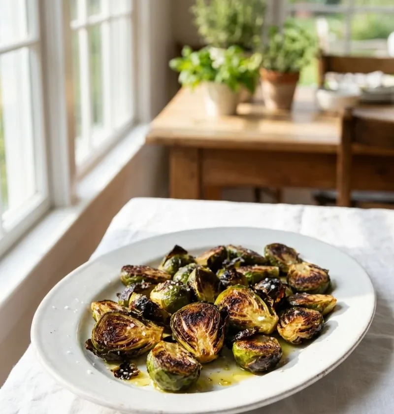 Ina Garten roasted Brussels sprouts, crisp and caramelized, served on a white oval platter on a linen-covered table
