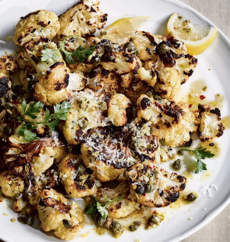 Ina Garten roasted cauliflower with lemon & capers on a white platter with Parmesan, parsley and lemon wedges