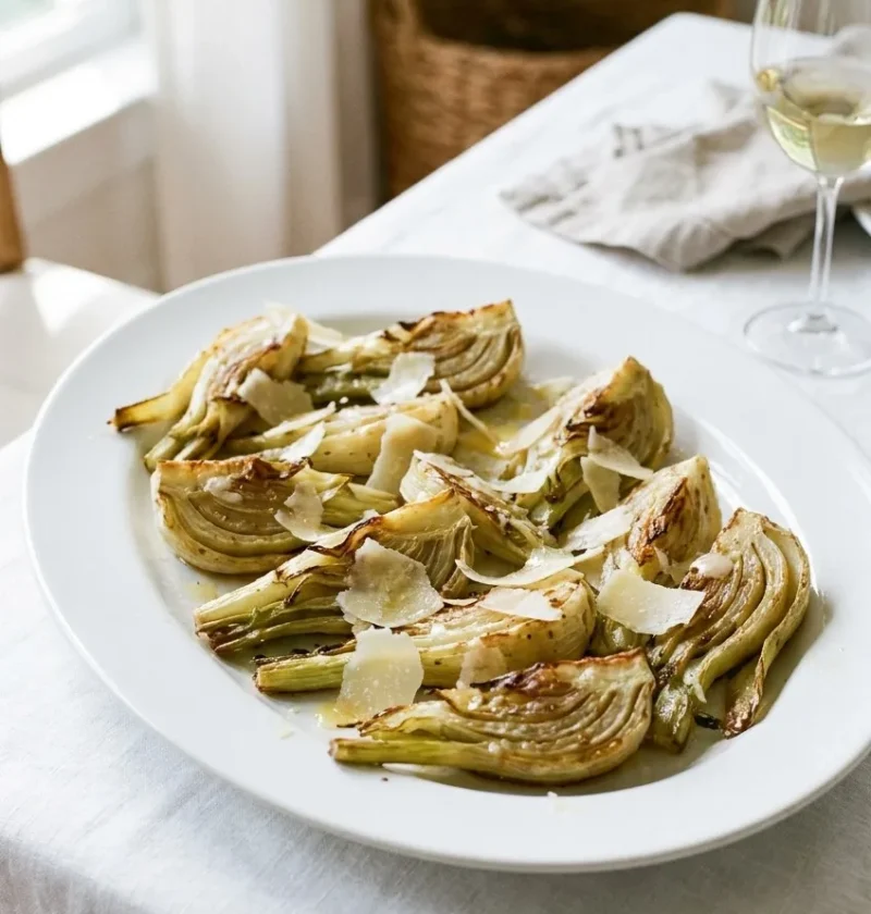 Ina Garten roasted fennel with Parmesan shaved over browned fennel wedges on a white oval platter