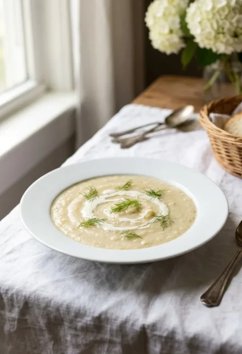 Ina Garten roasted-potato fennel soup in a white bowl with a swirl of cream and fresh fennel fronds on a linen tablecloth
