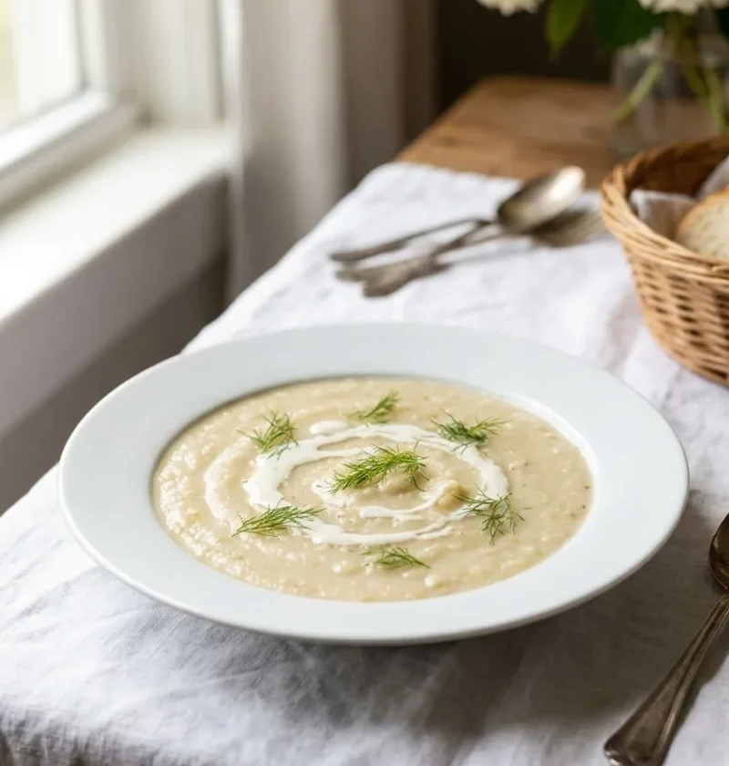 Ina Garten roasted-potato fennel soup in a white bowl with a swirl of cream and fresh fennel fronds on a linen tablecloth
