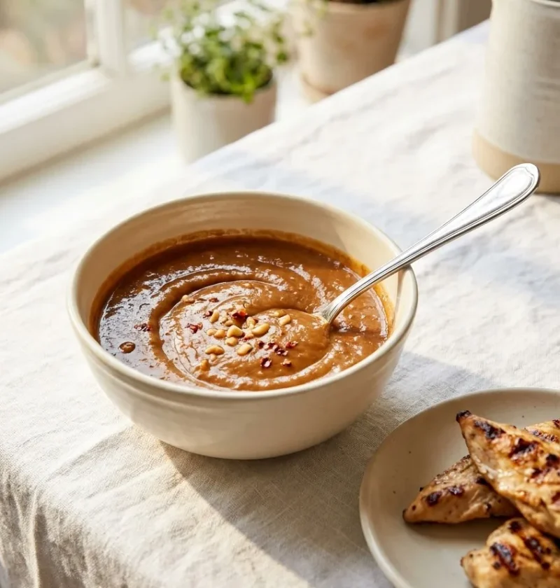 Ina Garten satay dip in a cream bowl with a spoon, next to grilled chicken skewers on a small plate