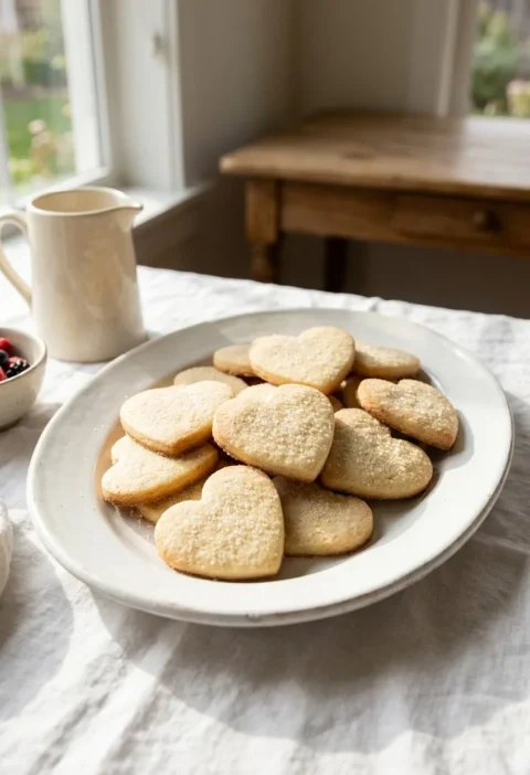 Ina Garten shortbread hearts sprinkled with sugar on a white oval platter on a linen tablecloth