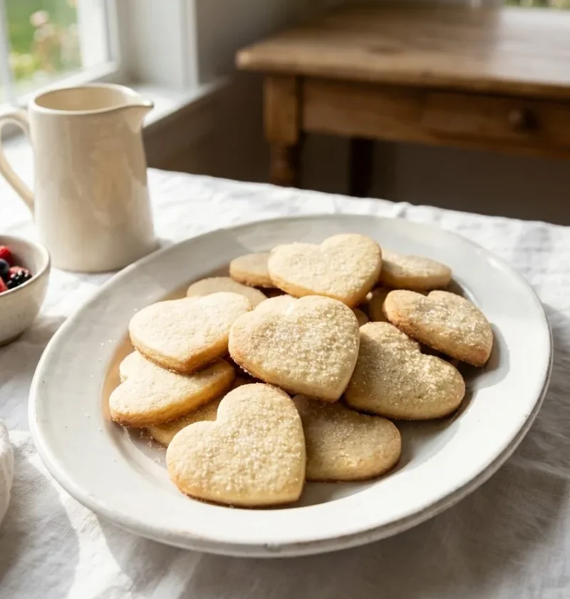 Ina Garten shortbread hearts sprinkled with sugar on a white oval platter on a linen tablecloth