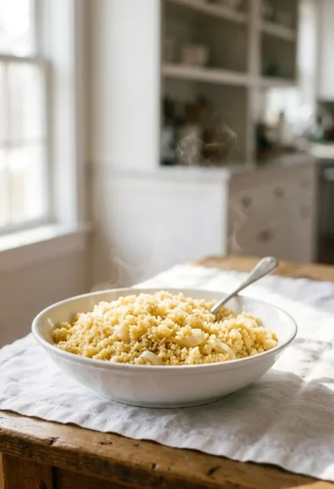 Ina Garten steamed couscous with soft onions in a white serving bowl with a spoon on a rustic wooden table
