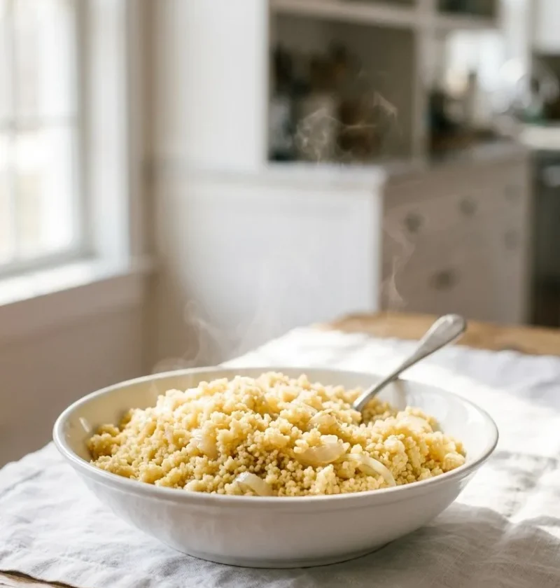 Ina Garten steamed couscous with soft onions in a white serving bowl with a spoon on a rustic wooden table