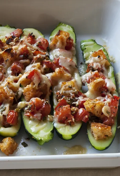 Ina Garten stuffed zucchini halves topped with sourdough croutons, diced tomatoes and melted Gruyère in a white baking dish