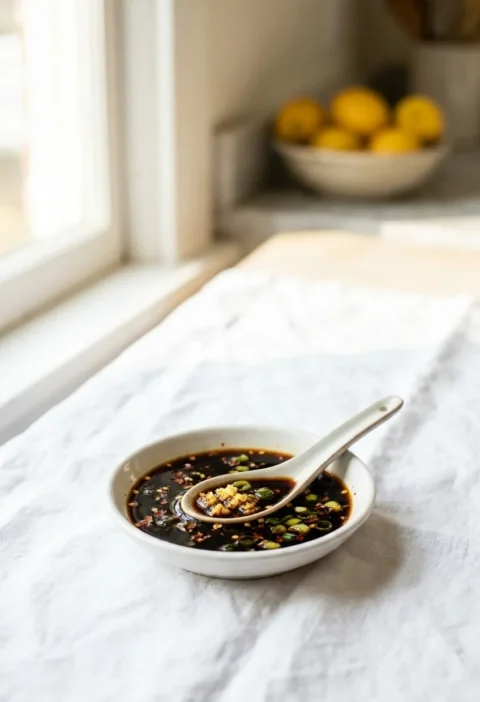 Ina Garten sushi dipping sauce in a small white bowl with a spoon, dark soy sauce flecked with scallion and pickled ginger
