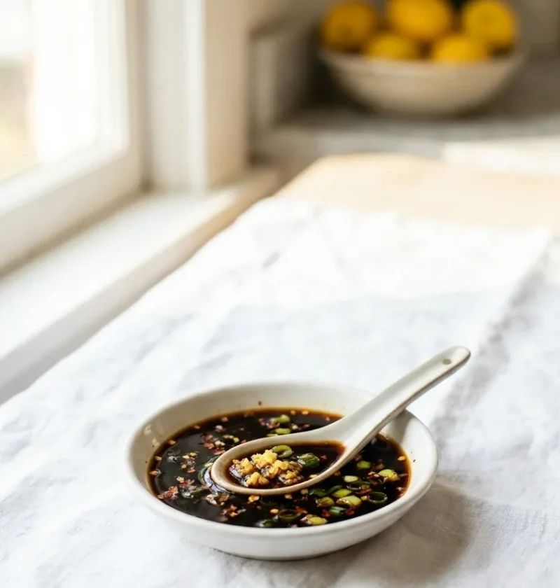 Ina Garten sushi dipping sauce in a small white bowl with a spoon, dark soy sauce flecked with scallion and pickled ginger
