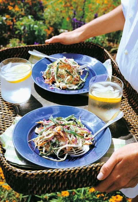 Two blue plates of Ina Garten vegetable coleslaw with red and white cabbage and carrots on a wicker tray beside two glasses of lemon water